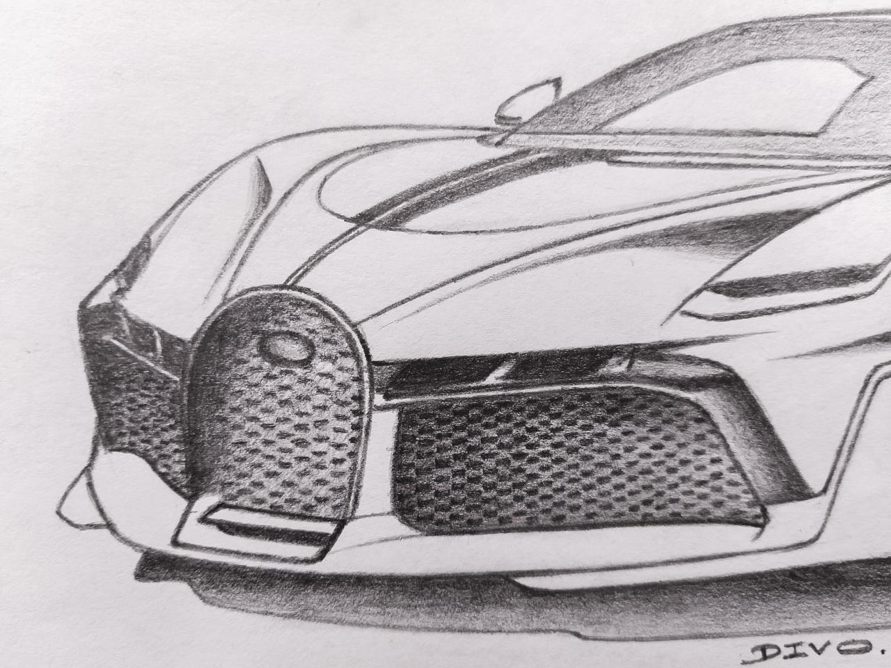 Pencil drawing of a Bugatti Divo seen close from the front three-quarter: the horseshoe grille and the lower intake filled in with hand-drawn mesh, a hard shadow under the splitter, and the roofline running off the top of the sheet. Signed DIVO in the lower right.