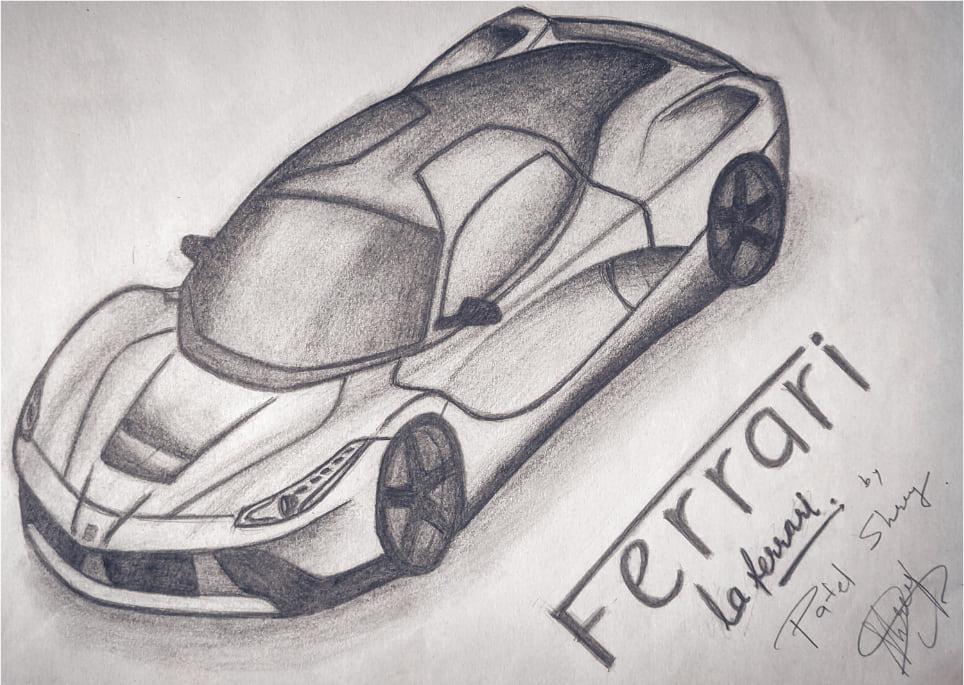 A finished pencil rendering of a Ferrari LaFerrari from a high front three-quarter angle, the roof and haunches shaded in soft graphite with the wheels blocked in dark. Titled Ferrari LaFerrari and signed Patel Shrey along the lower right.