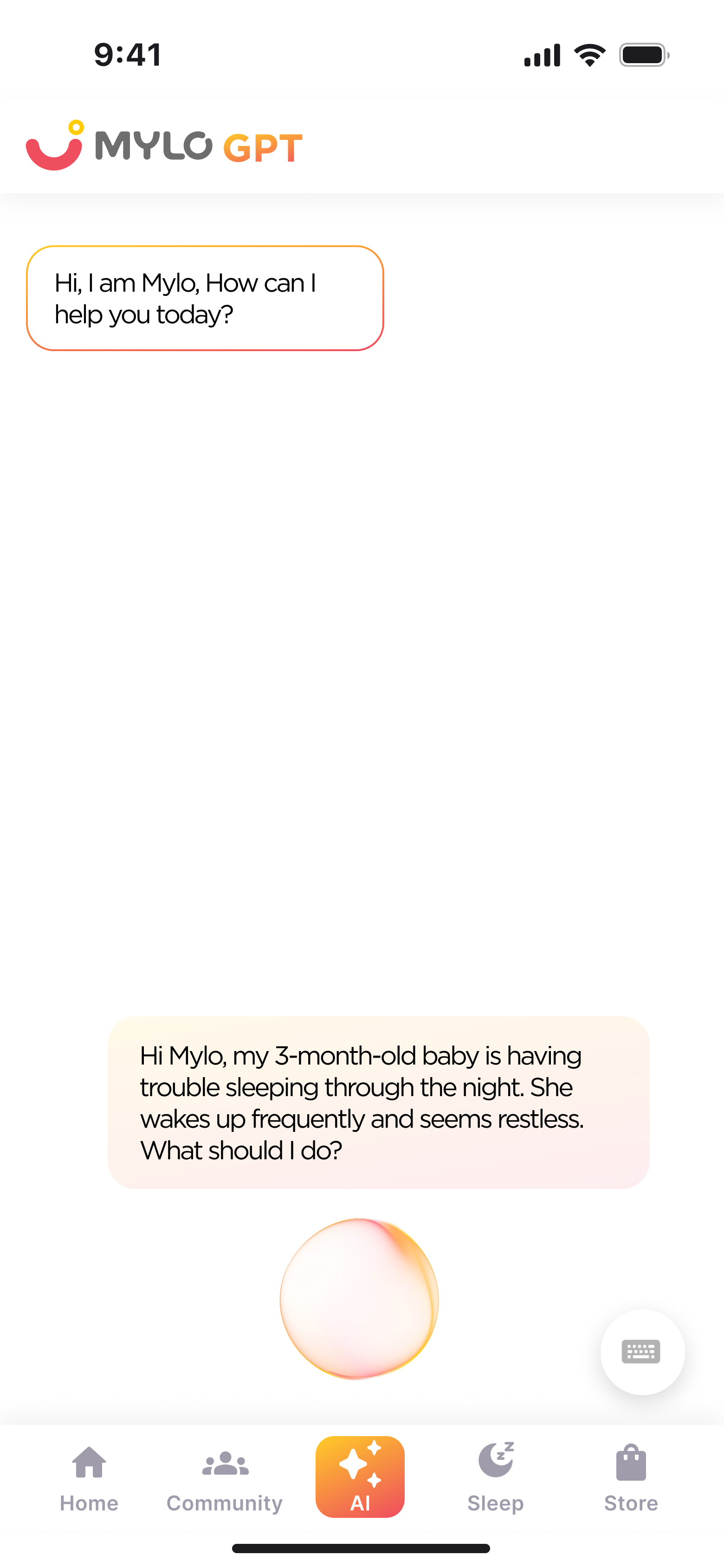 Mylo GPT chat screen where a parent asks about a 3-month-old having trouble sleeping.