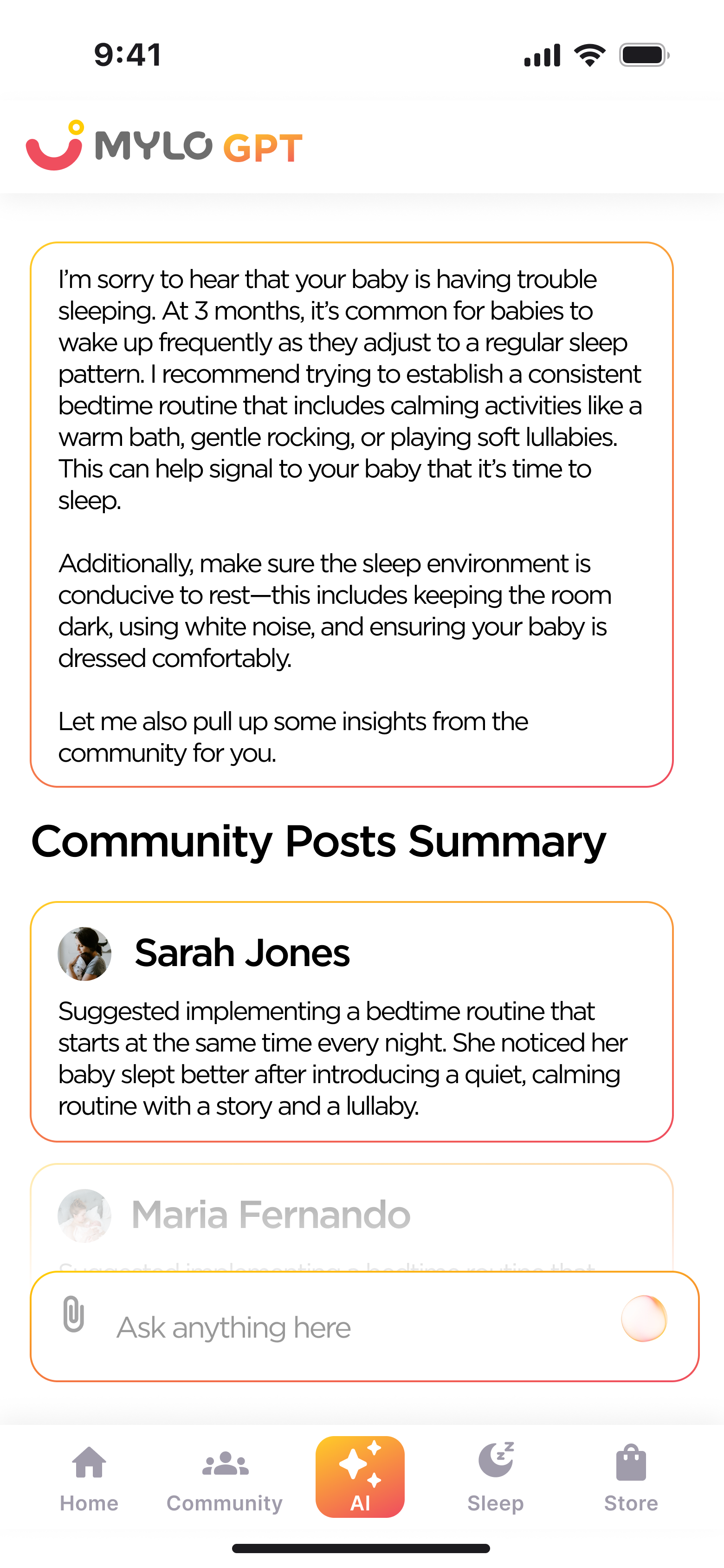 Mylo GPT answer with AI advice and a Community Posts Summary pulling in real parent tips.