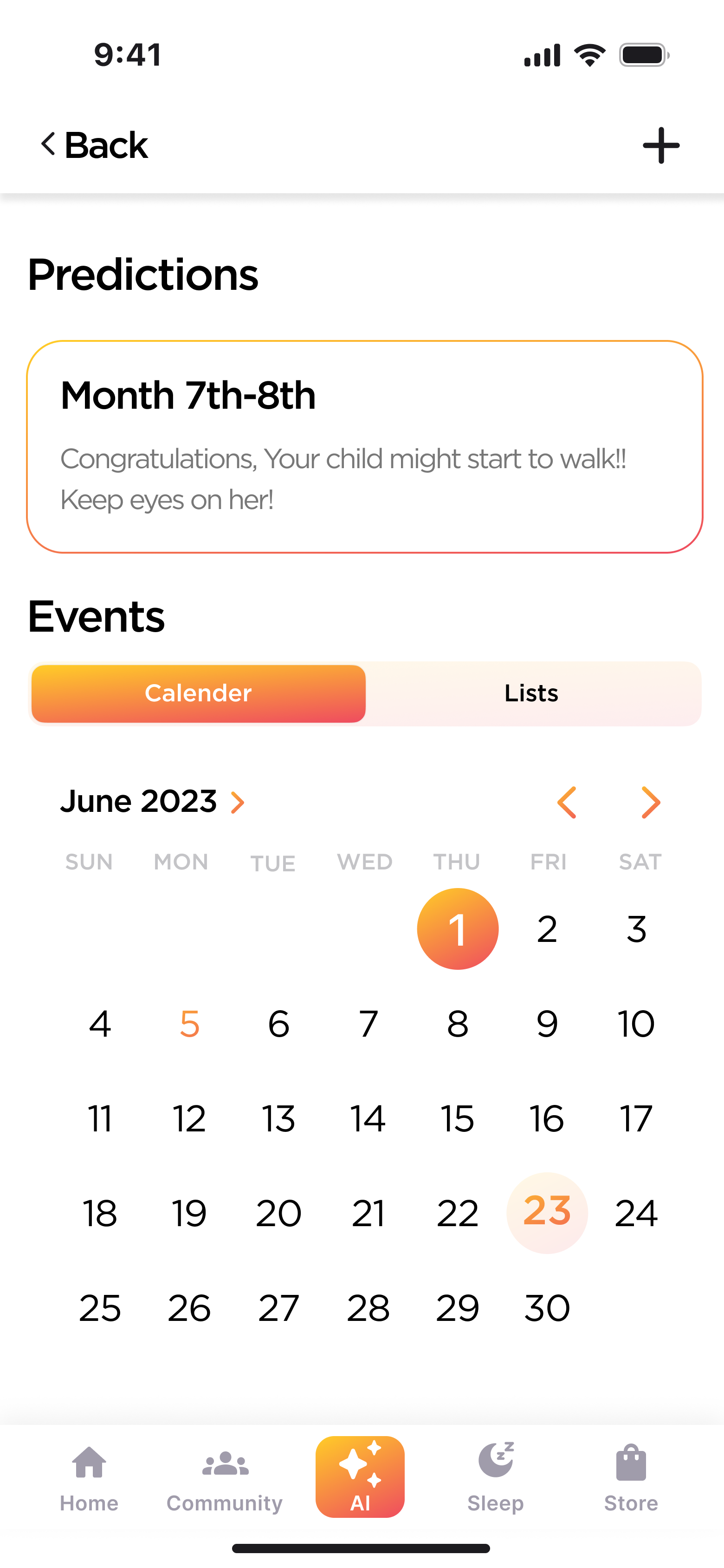 Predictions and Events calendar view with a milestone prediction card and a monthly calendar.