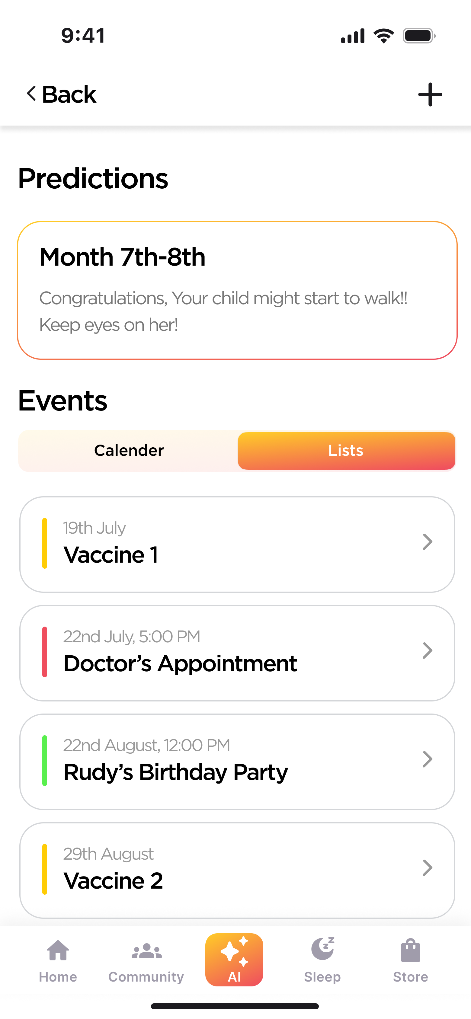 Events list view showing vaccines, a doctor's appointment, and a birthday party with colour-coded dates.