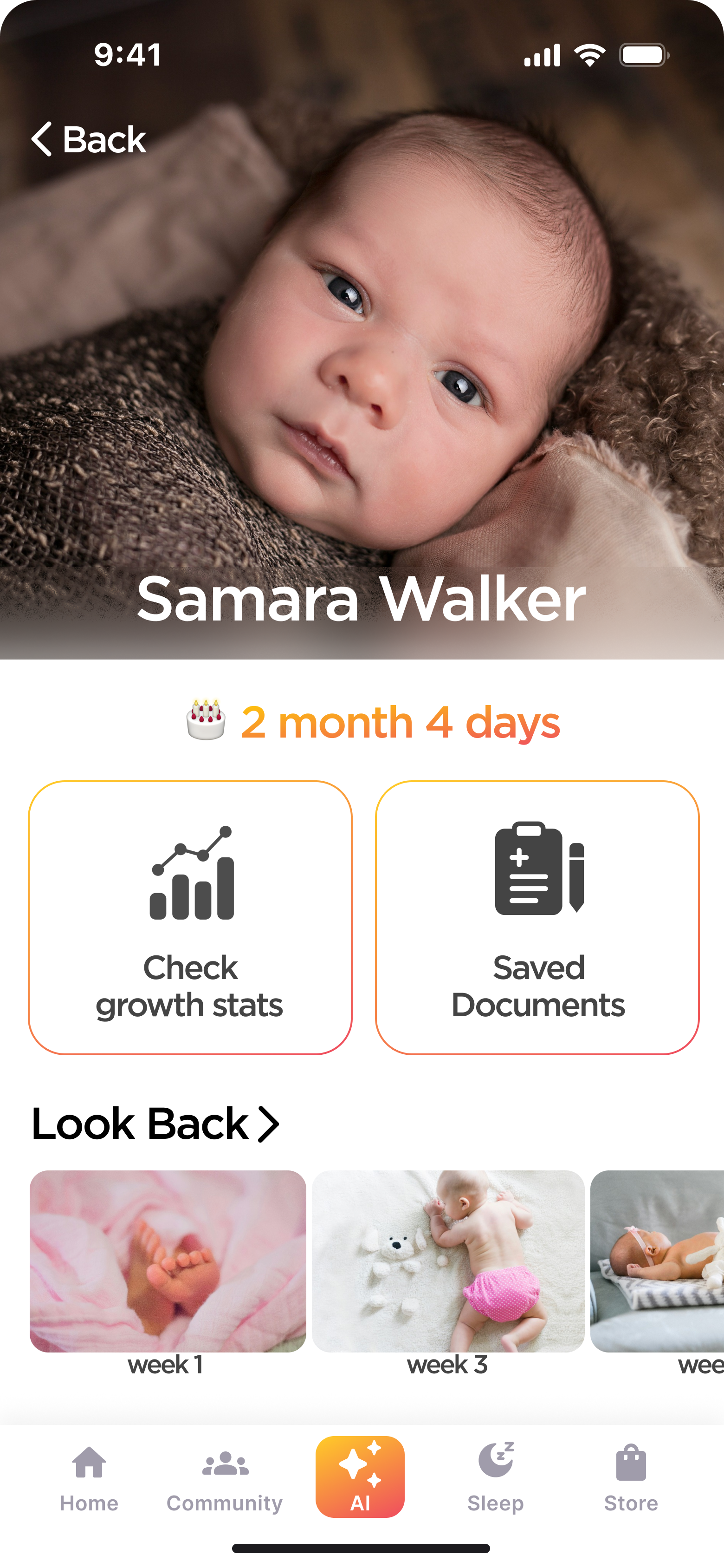 Baby profile for Samara Walker with growth stats, saved documents, and a 'Look Back' memorabilia row.