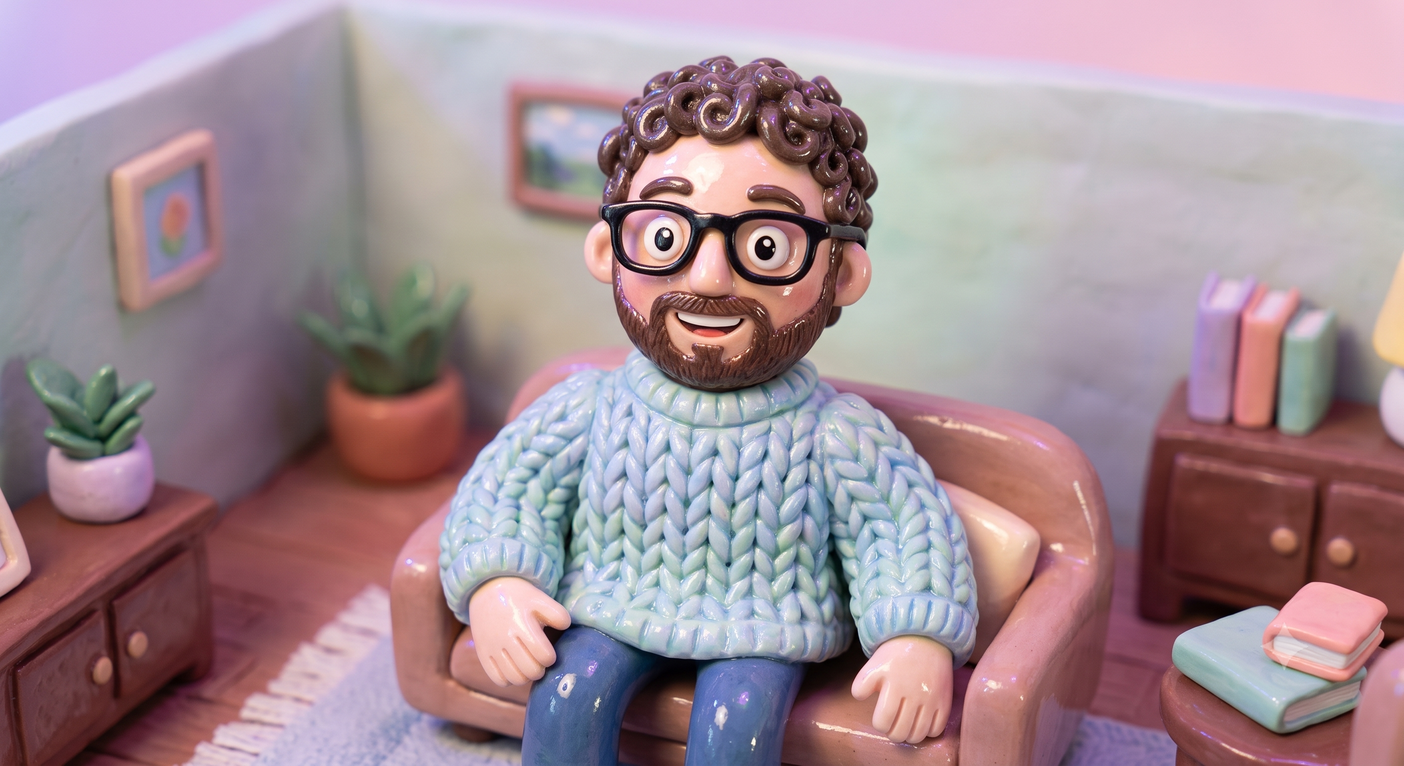 A claymation-style figure of Shrey — glasses, curly hair, chunky knit sweater — sitting in a cosy little room